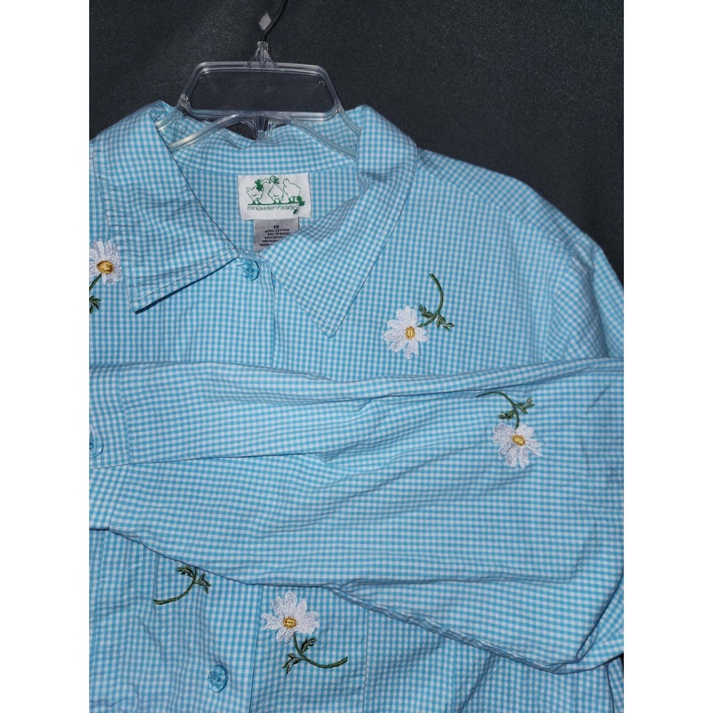 Quacker Factory Blue Gingham Embroidered Daisies Jacket 1X Cottagecore Granny